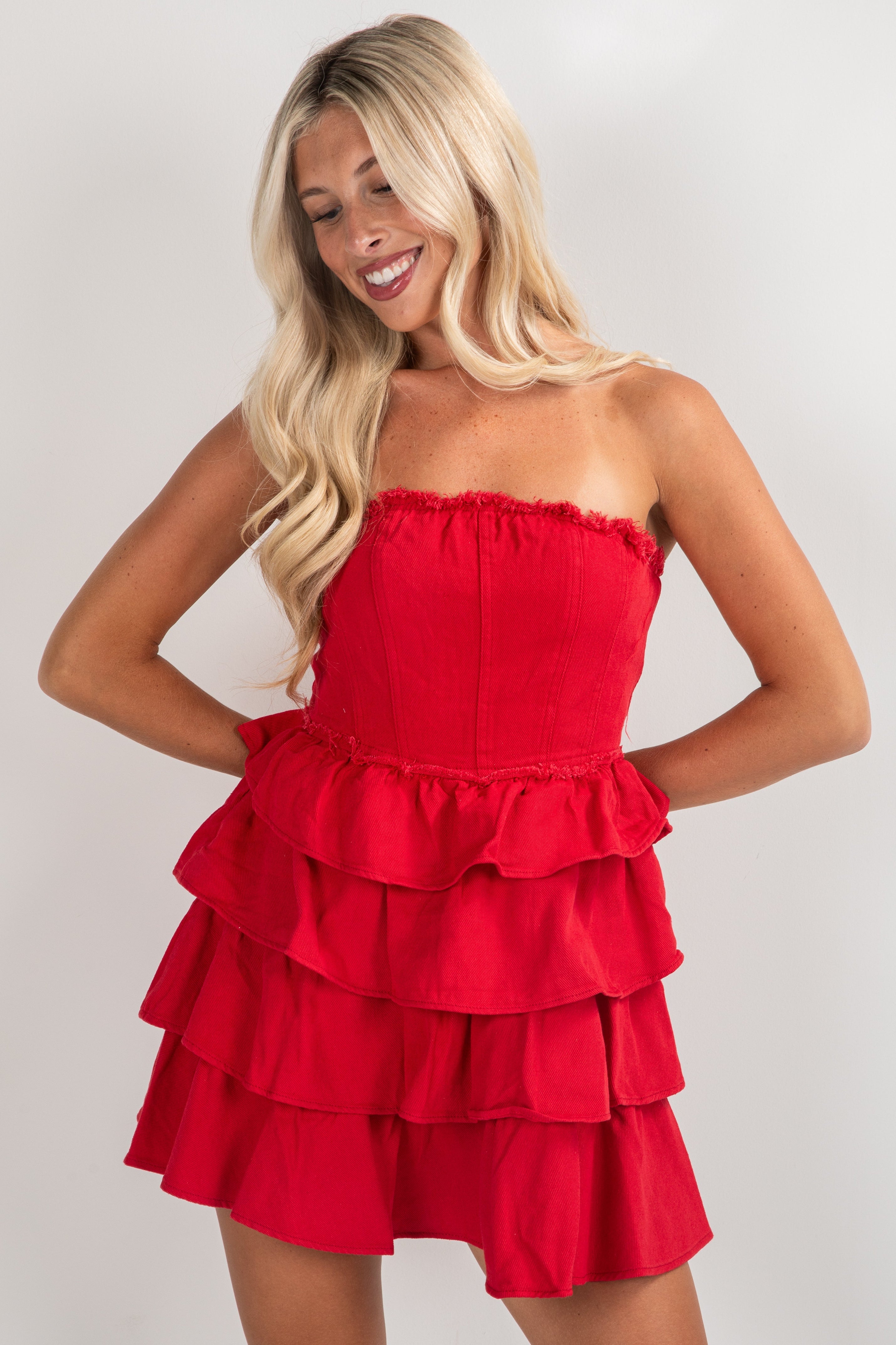 First Down Tiered Strapless Mini Dress