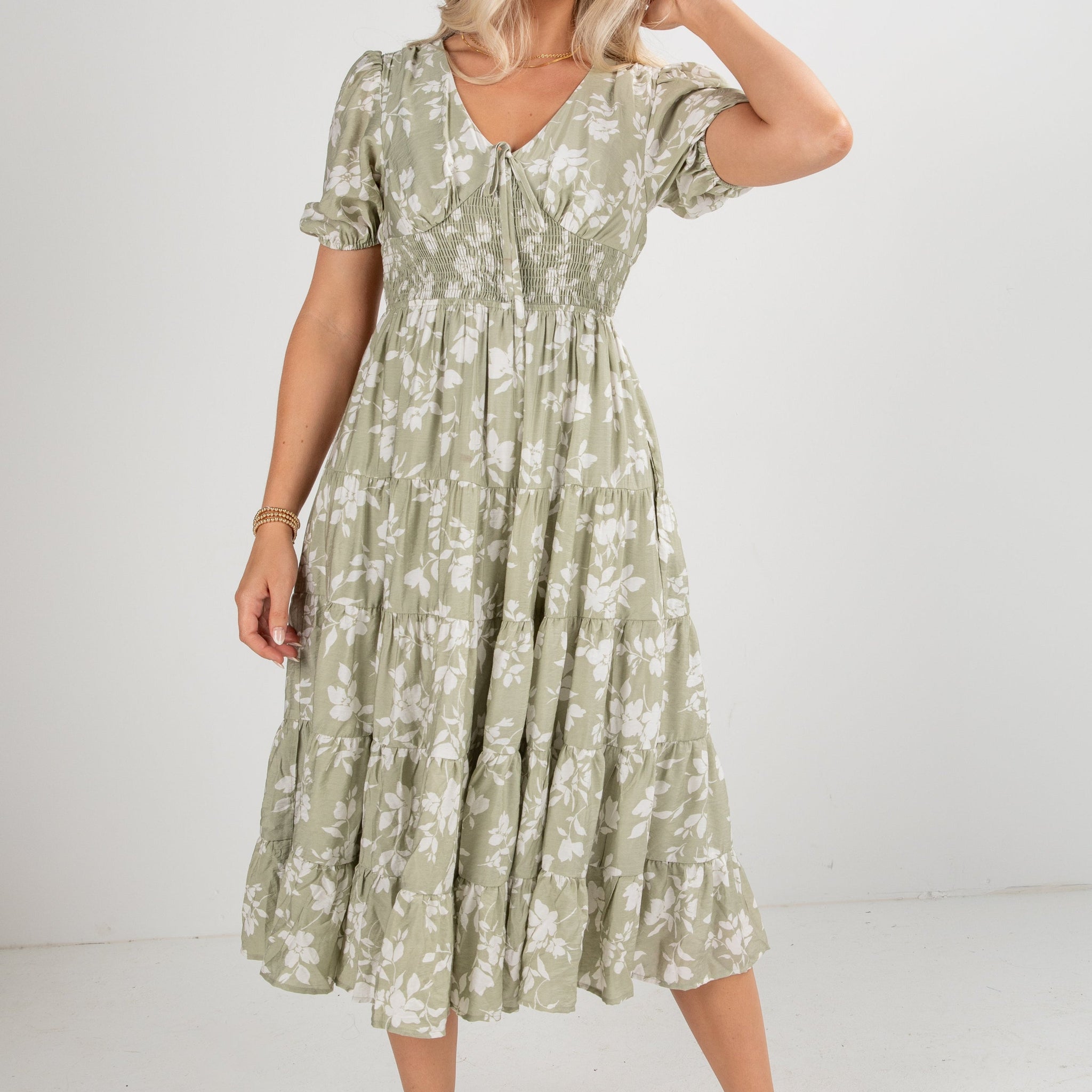 FINAL SALE - Second Nature Sage Floral Tiered Midi Dress