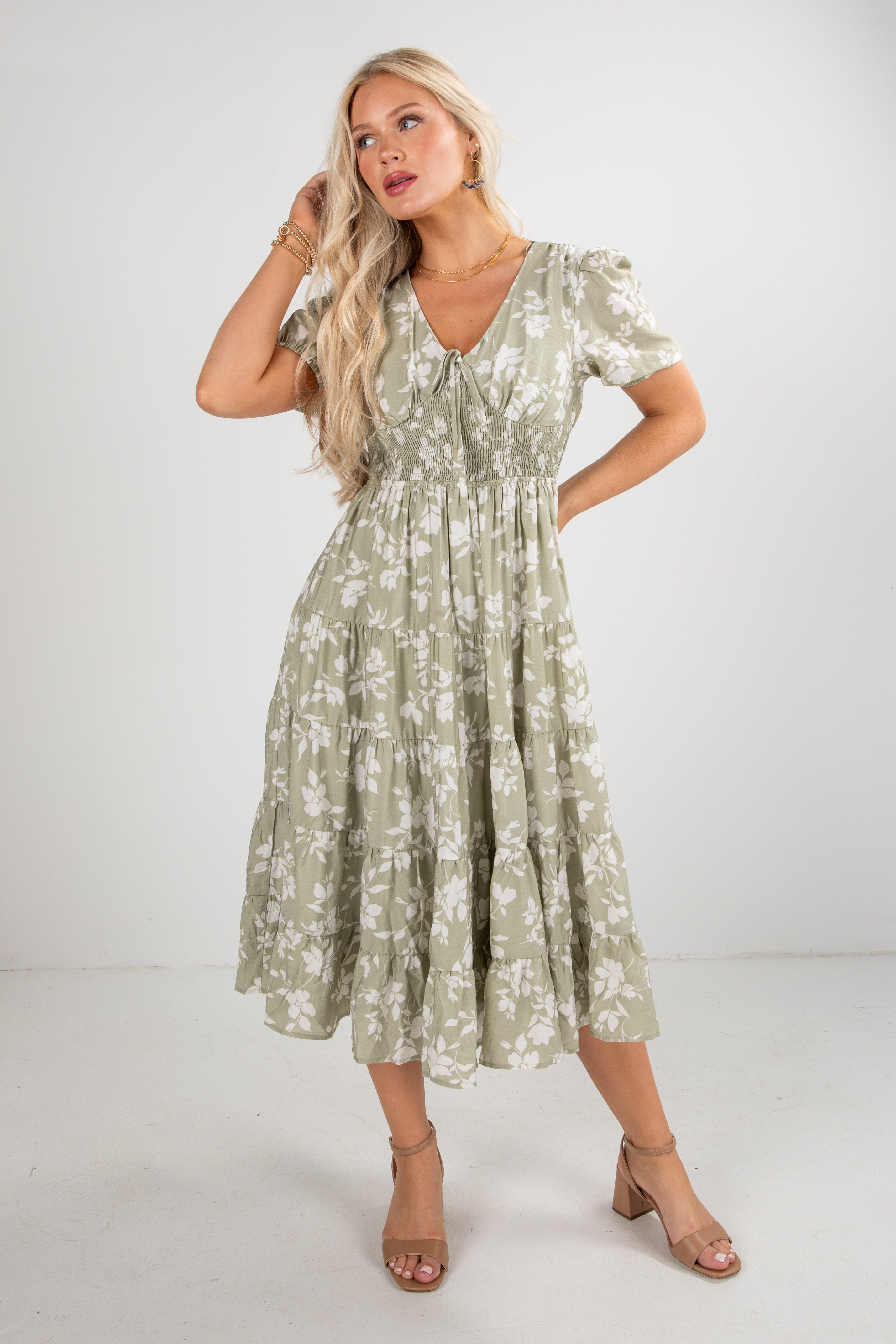 FINAL SALE - Second Nature Sage Floral Tiered Midi Dress