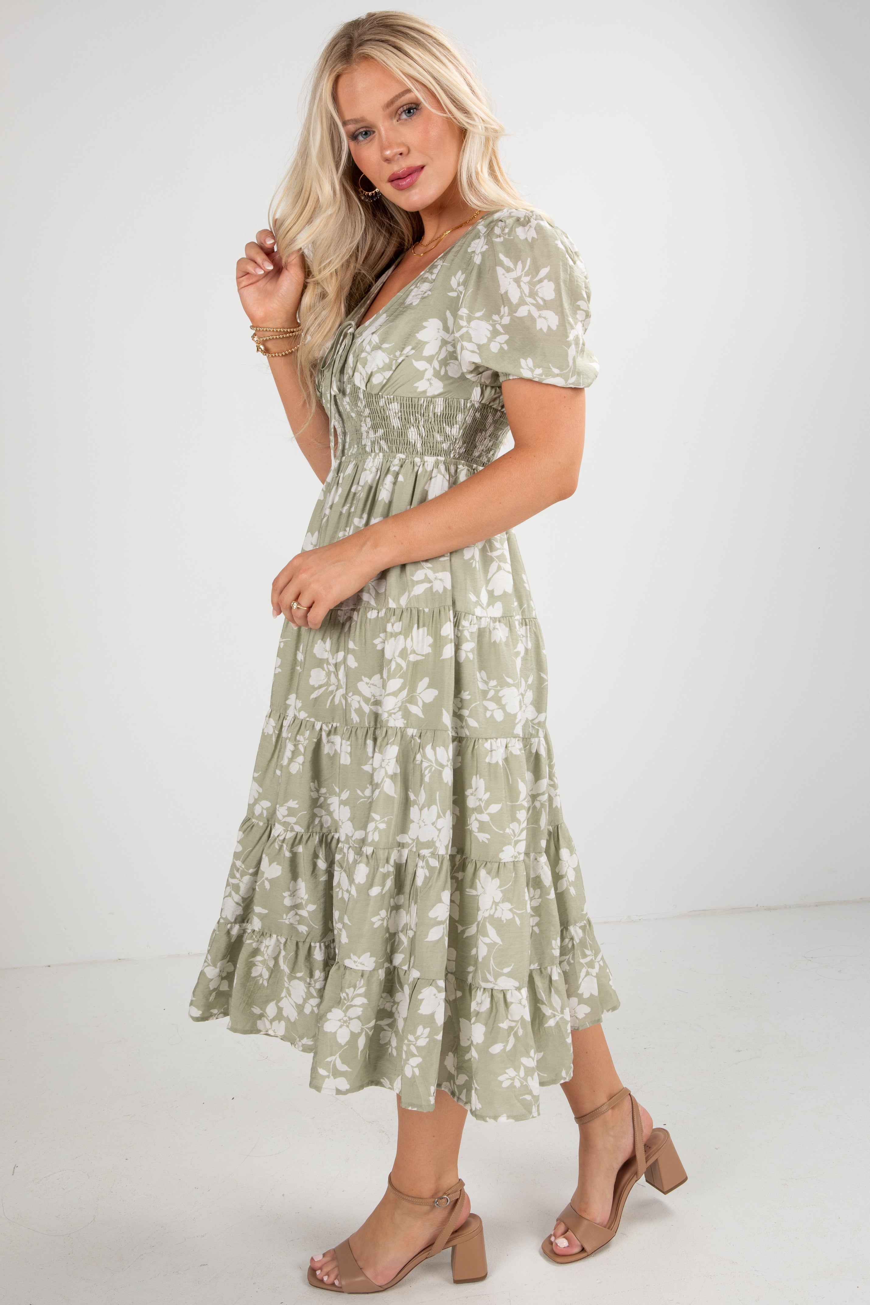 FINAL SALE - Second Nature Sage Floral Tiered Midi Dress