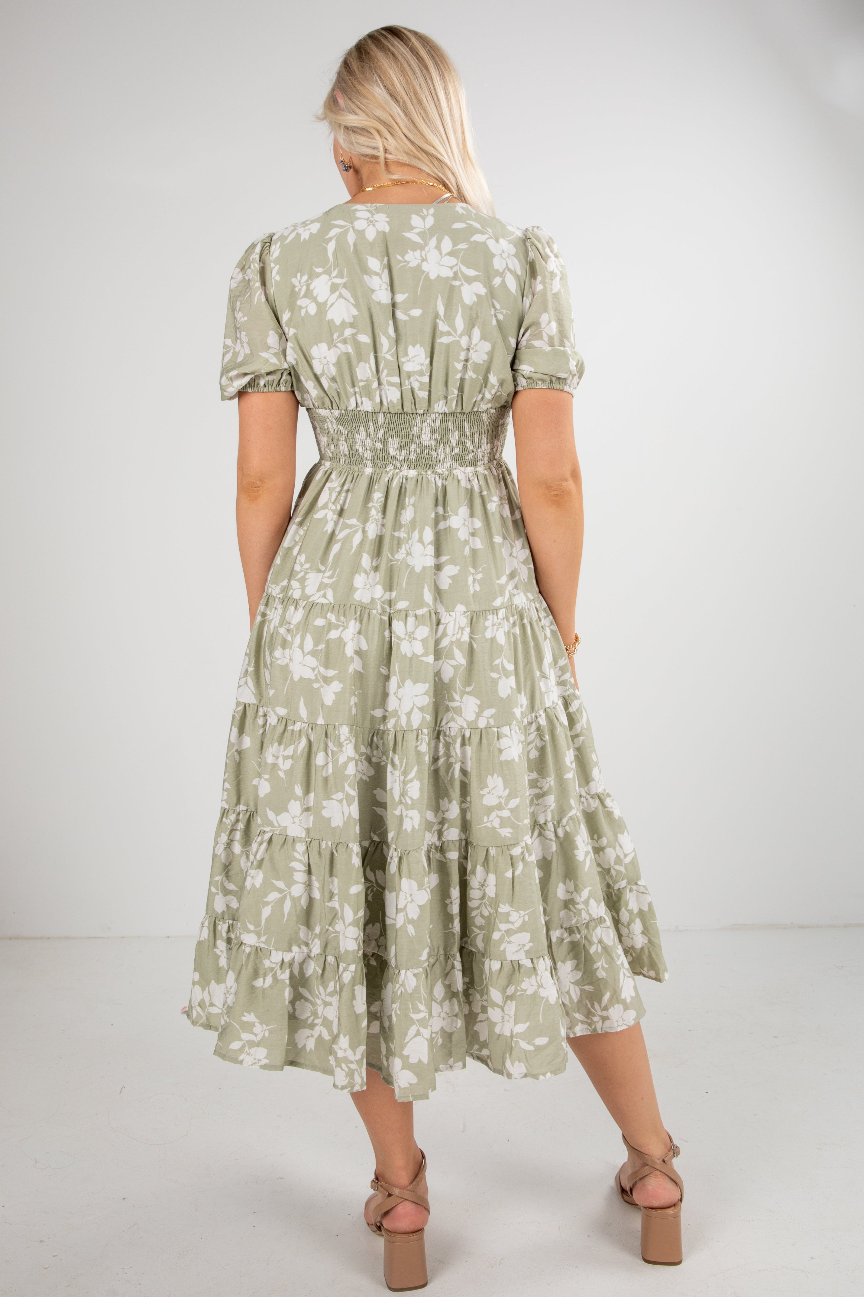 FINAL SALE - Second Nature Sage Floral Tiered Midi Dress