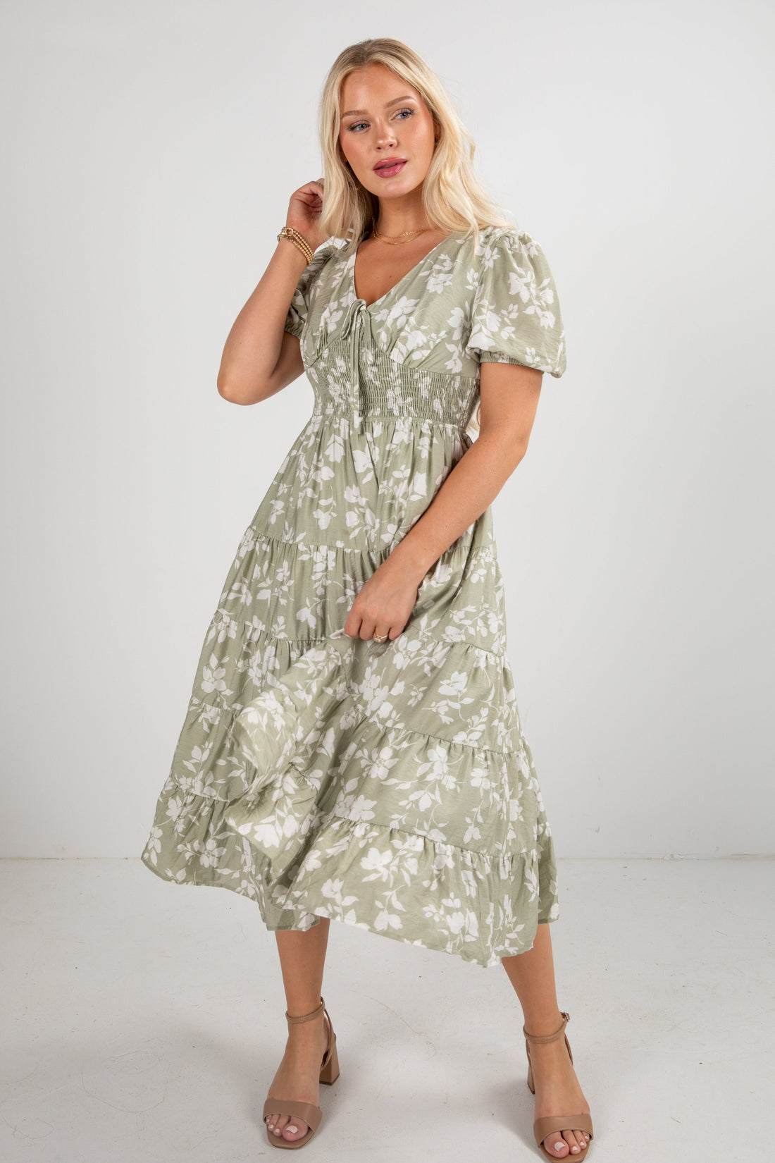 FINAL SALE - Second Nature Sage Floral Tiered Midi Dress