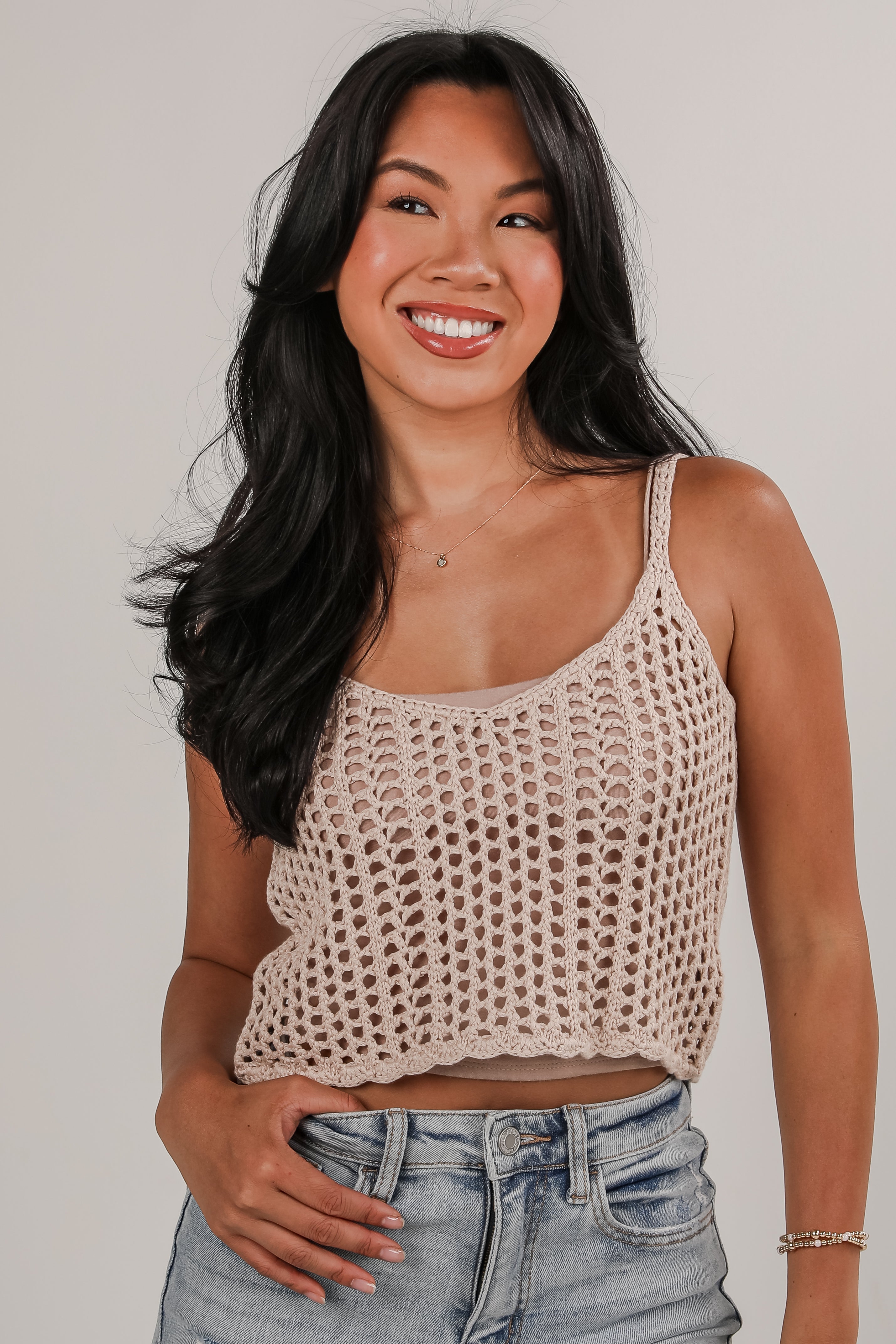 FINAL SALE - Coastal Sands Taupe Crochet Cropped Tank - DU DEAL