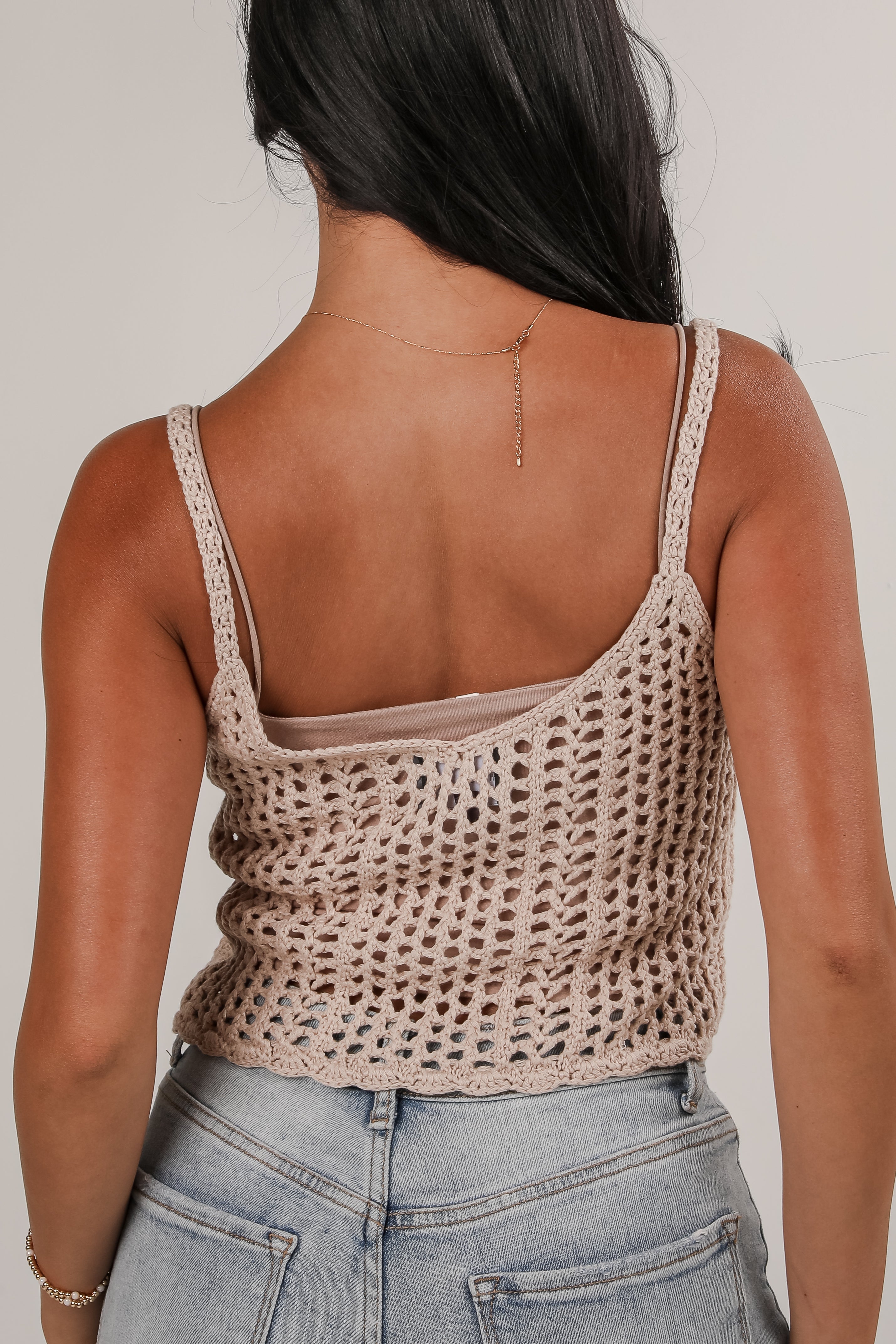 FINAL SALE - Coastal Sands Taupe Crochet Cropped Tank - DU DEAL