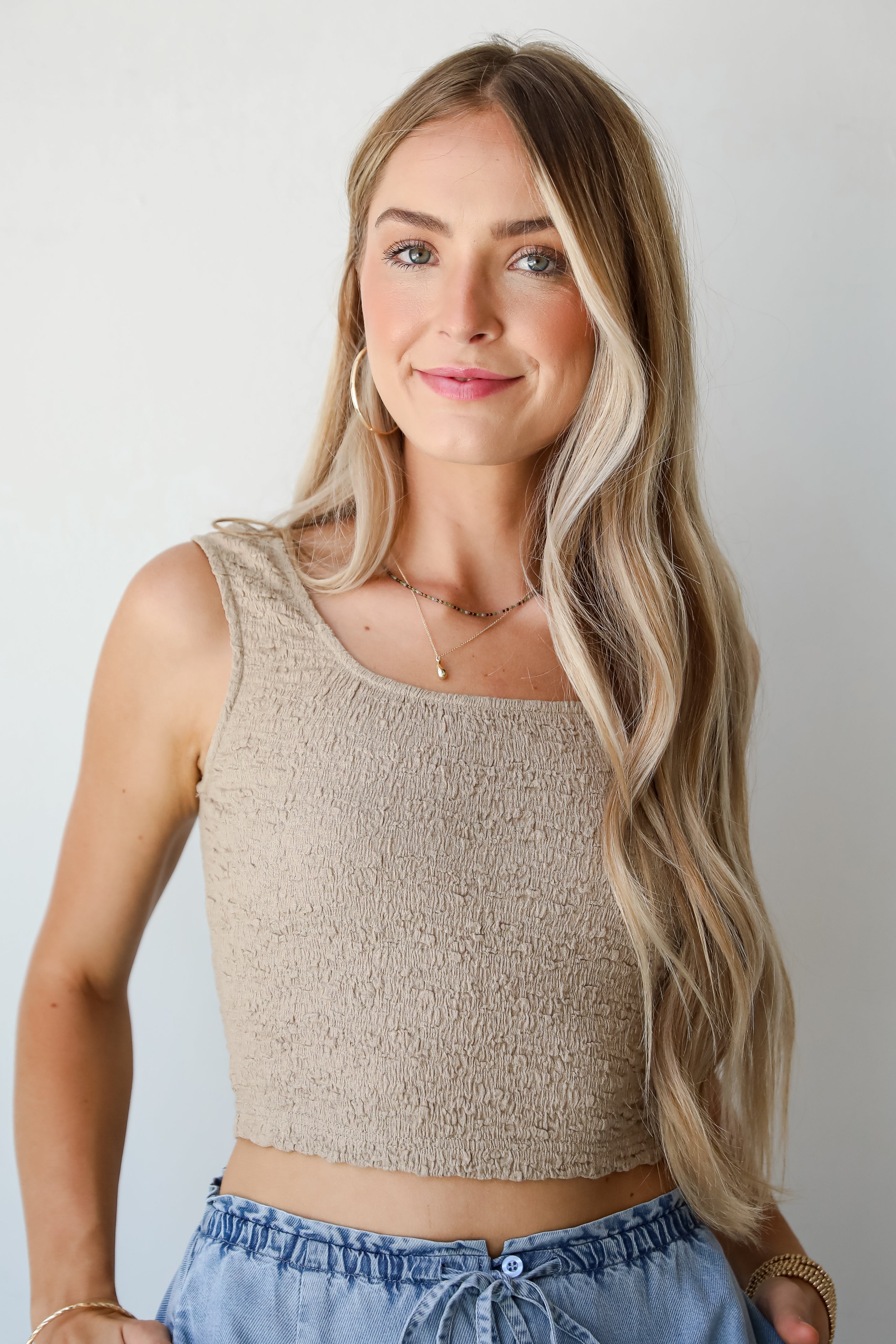 FINAL SALE - Intentionally Chic Taupe Smocked Cropped Tank