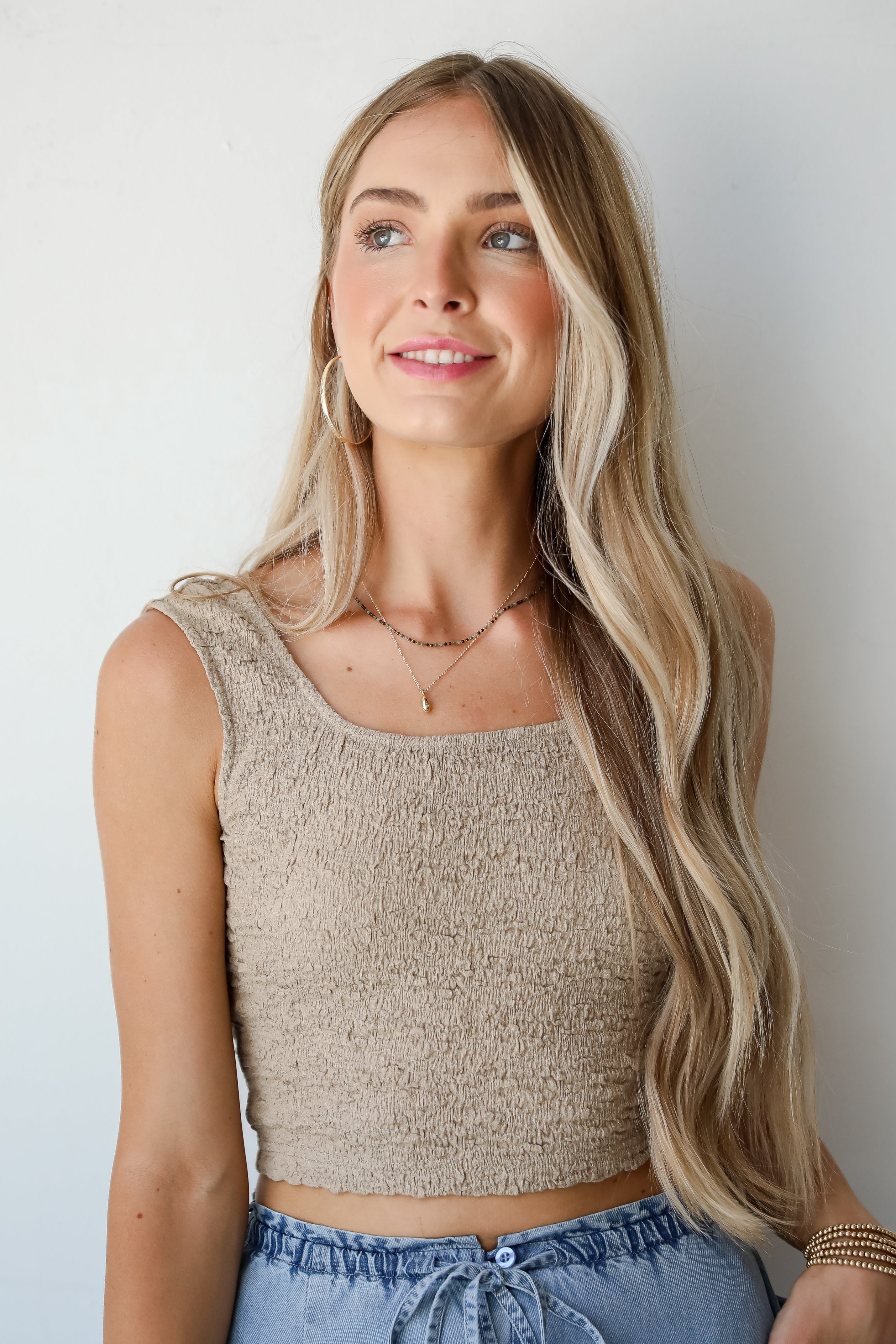 FINAL SALE - Intentionally Chic Taupe Smocked Cropped Tank
