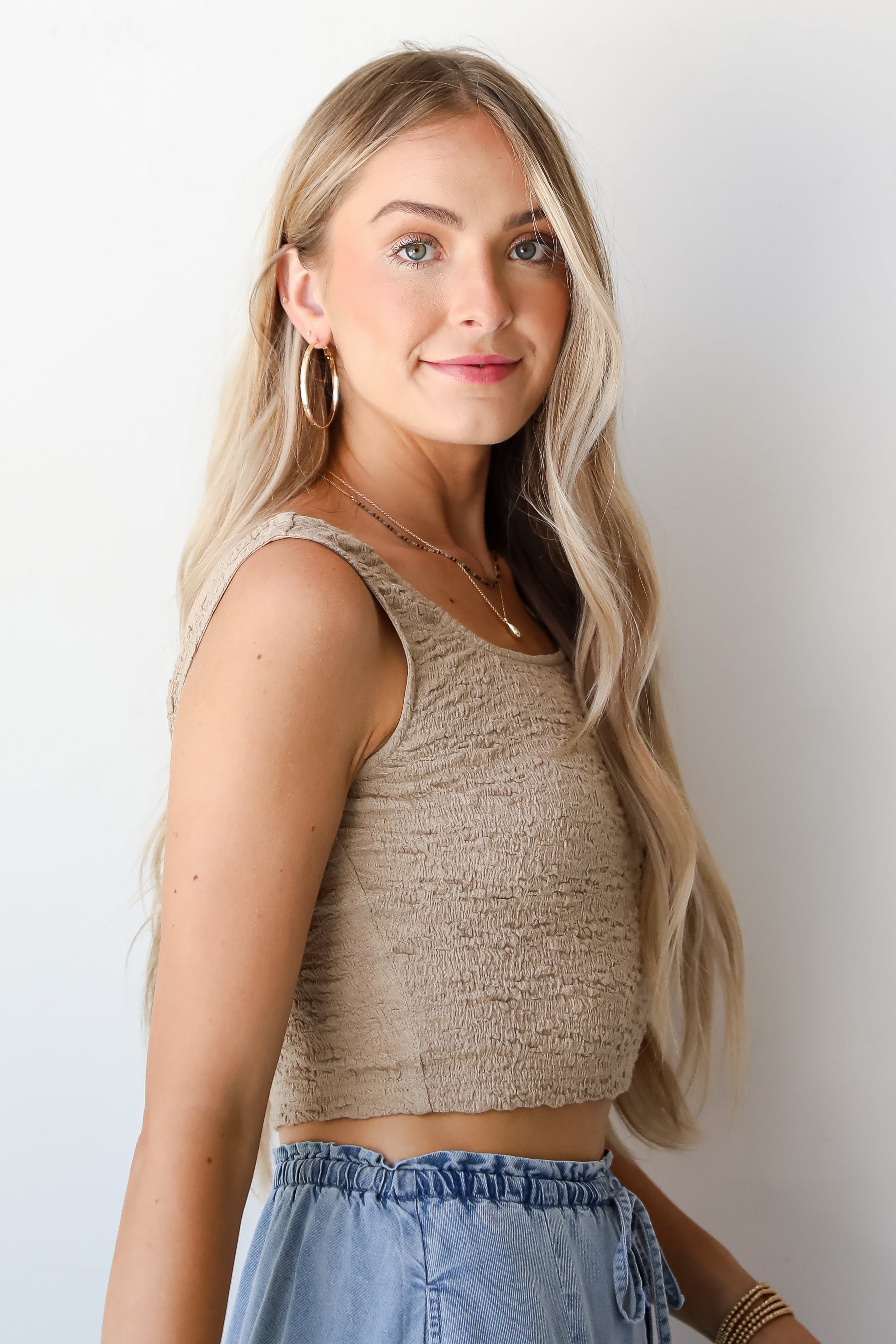 FINAL SALE - Intentionally Chic Taupe Smocked Cropped Tank