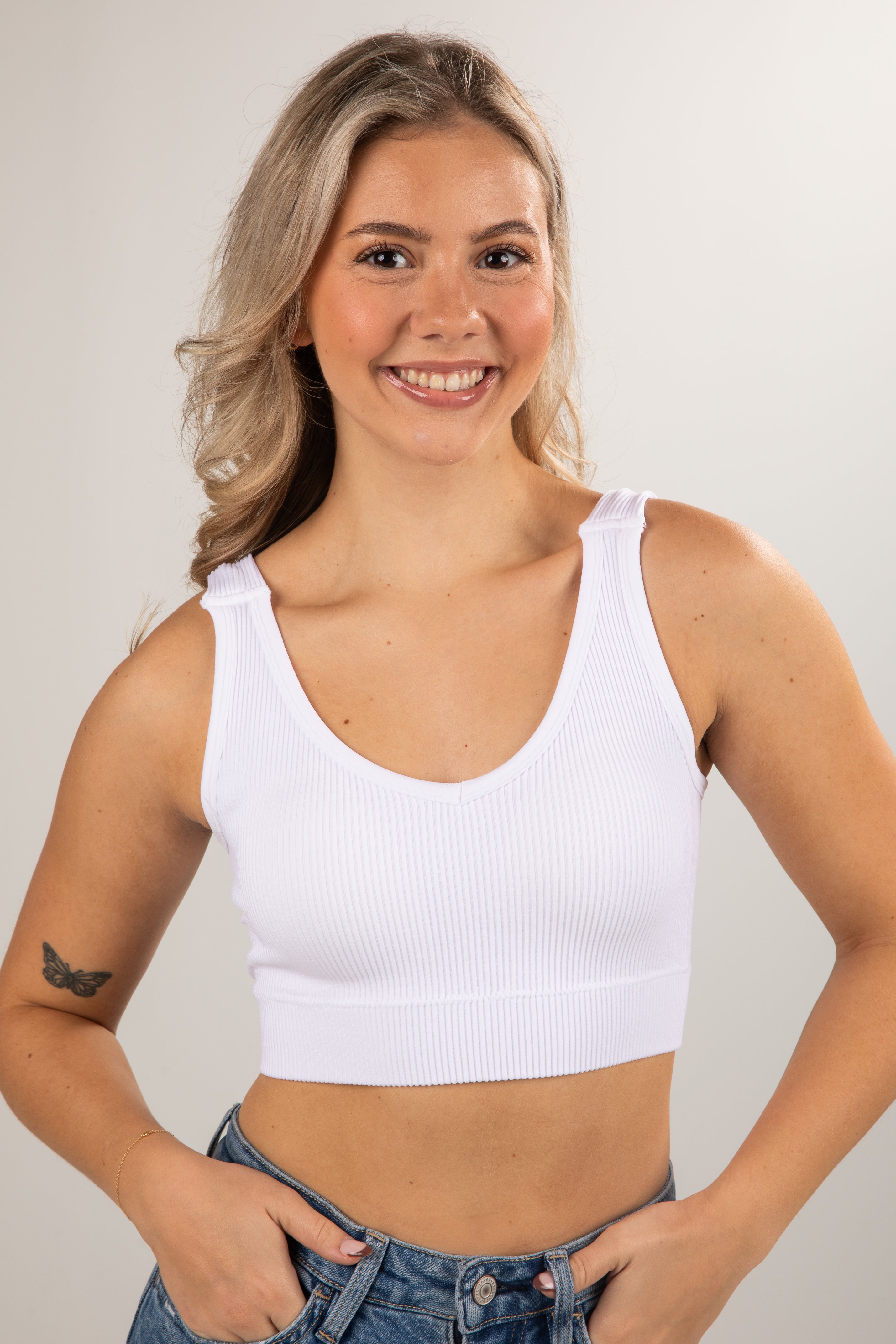 White Seamless Ribbed Padded Cropped Tank