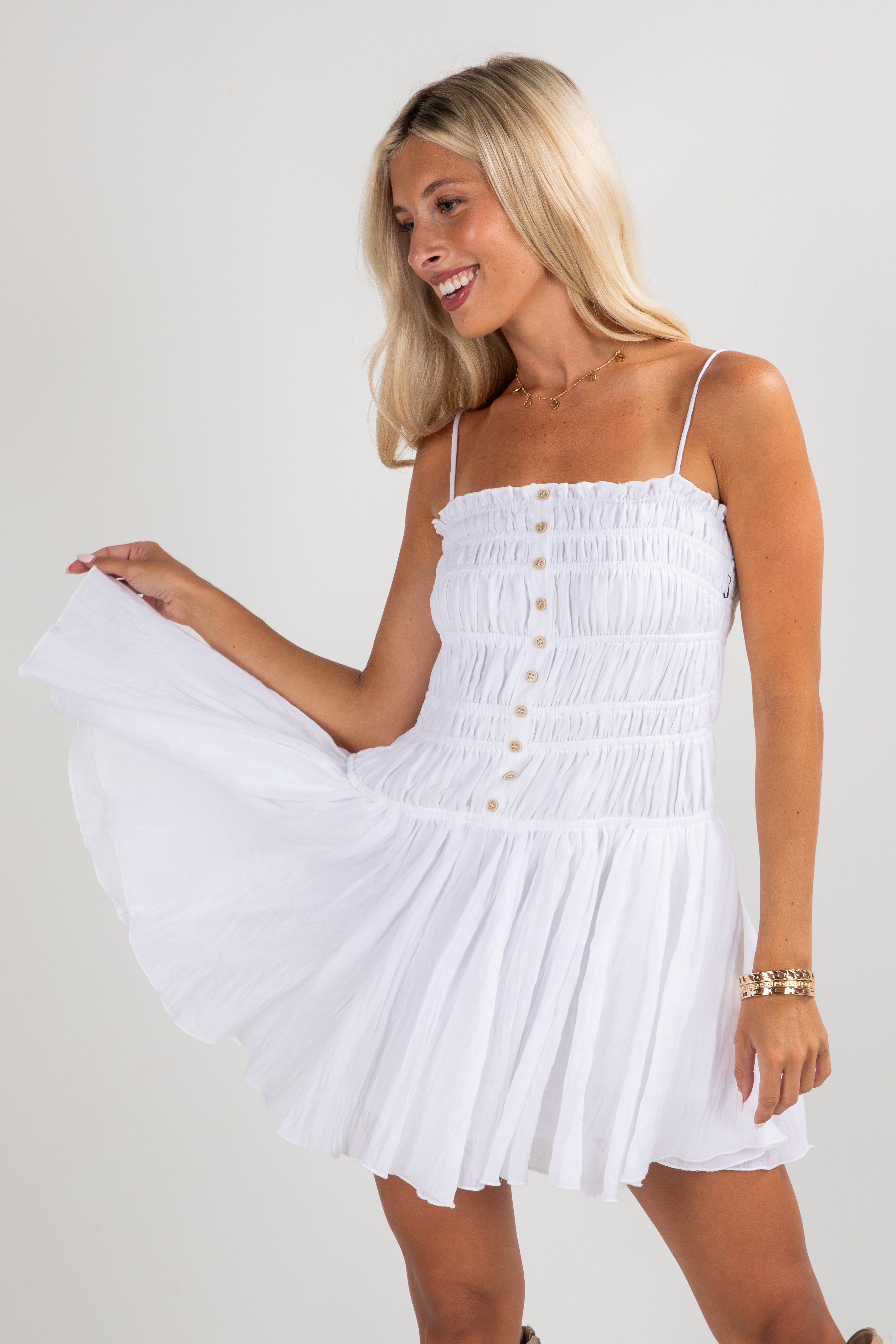 FINAL SALE - Sweetheart Glam White Smocked Mini Dress