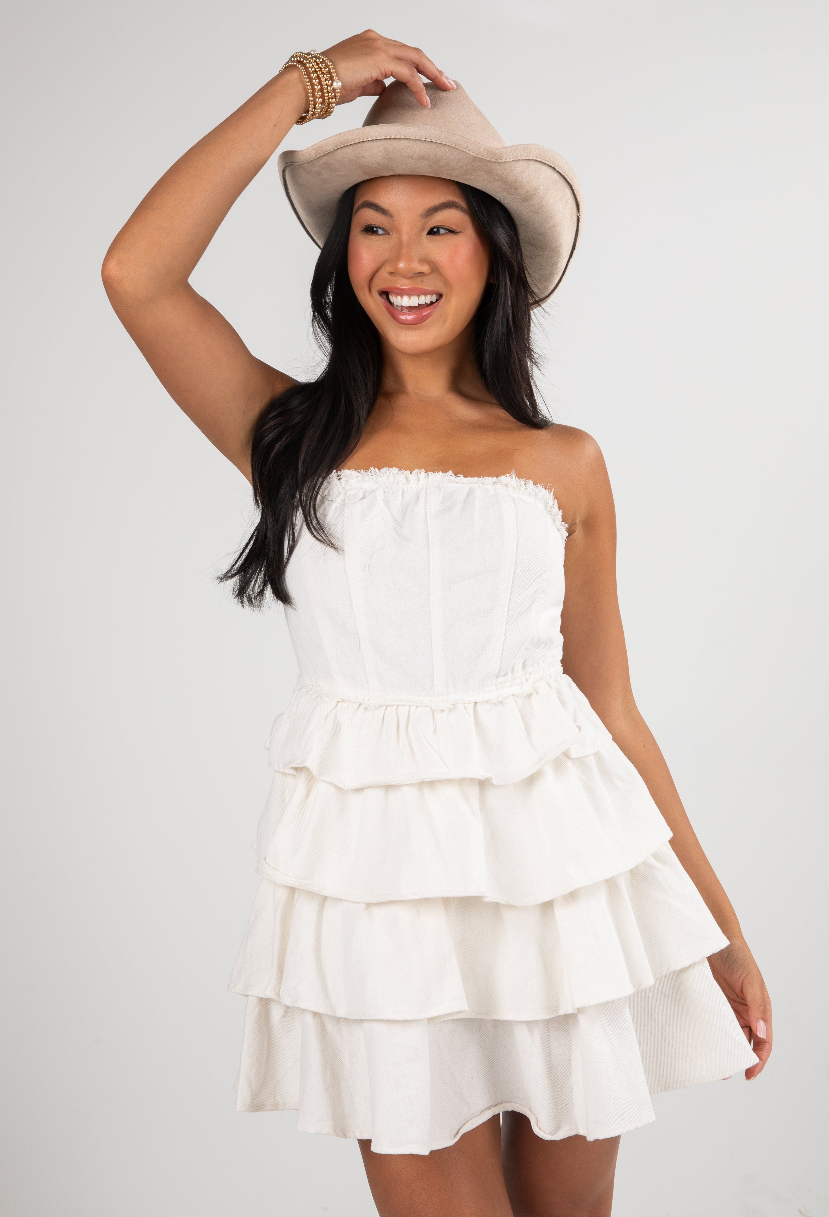 First Down Tiered Strapless Mini Dress