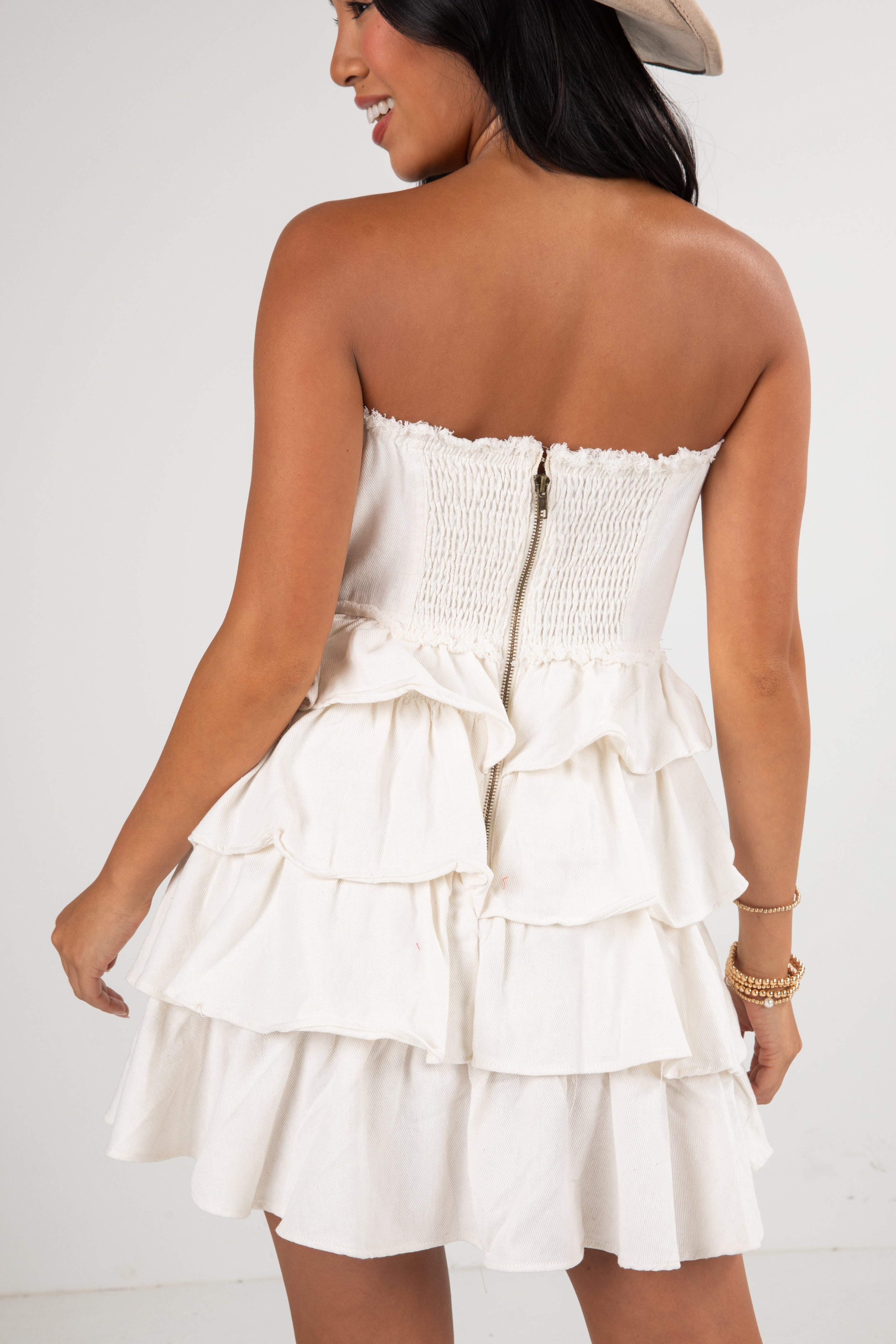 First Down Tiered Strapless Mini Dress